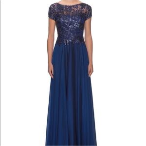 La Femme 27924 Floral Lace and Satin Gown in Blue Size 6